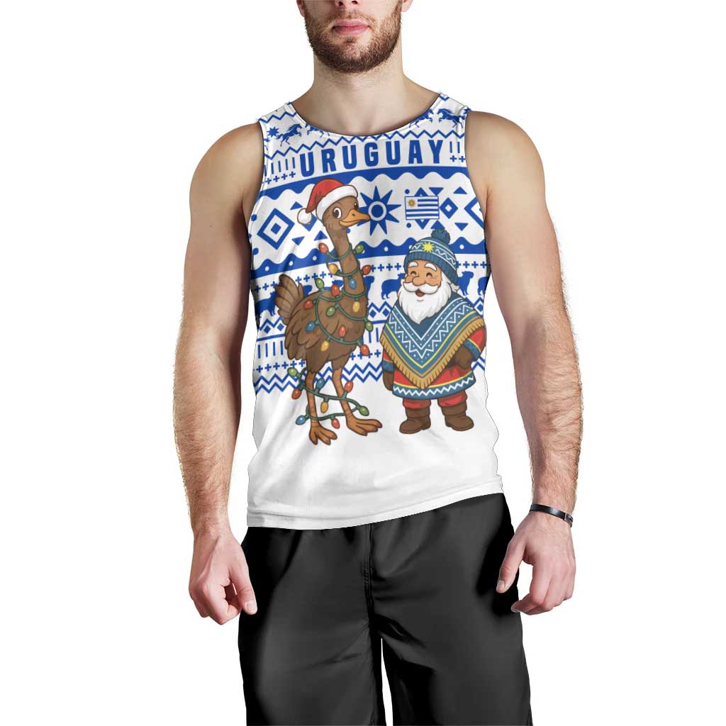 Uruguay Christmas Men Tank Top with Santa Claus Rhea Bird Holiday Lights and Blue Geometric Pattern - Wonder Print Shop