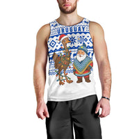 Uruguay Christmas Men Tank Top with Santa Claus Rhea Bird Holiday Lights and Blue Geometric Pattern - Wonder Print Shop