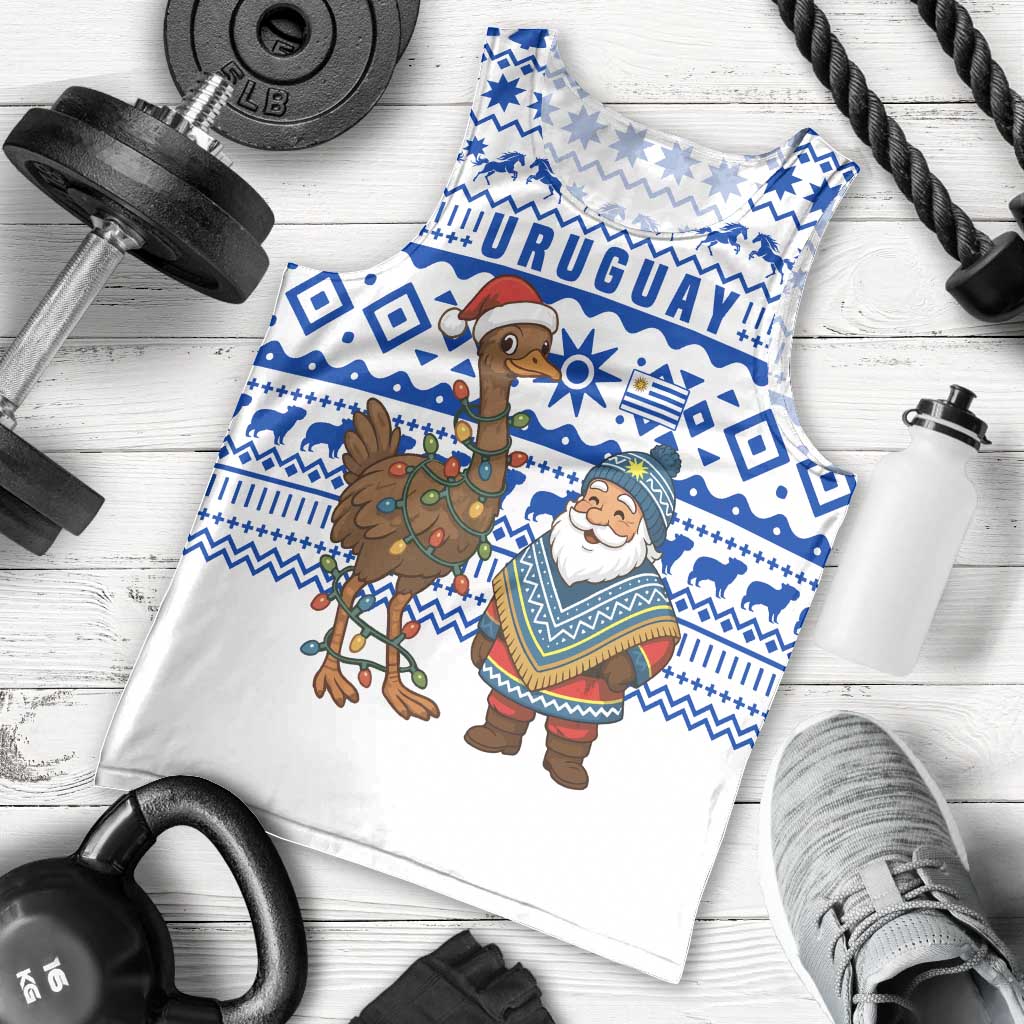 Uruguay Christmas Men Tank Top with Santa Claus Rhea Bird Holiday Lights and Blue Geometric Pattern - Wonder Print Shop