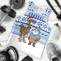 Uruguay Christmas Men Tank Top with Santa Claus Rhea Bird Holiday Lights and Blue Geometric Pattern - Wonder Print Shop