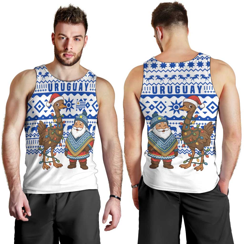 Uruguay Christmas Men Tank Top with Santa Claus Rhea Bird Holiday Lights and Blue Geometric Pattern - Wonder Print Shop