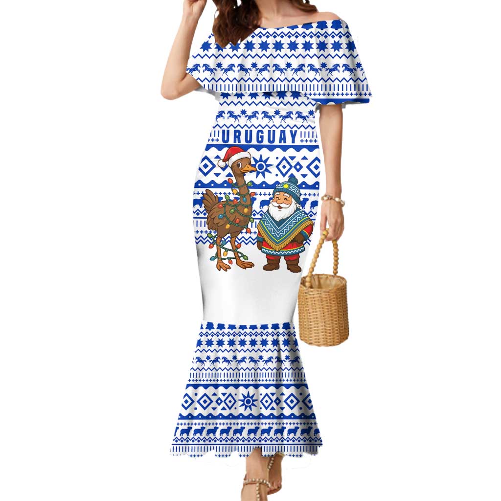 Uruguay Christmas Mermaid Dress with Santa Claus Rhea Bird Holiday Lights and Blue Geometric Pattern - Wonder Print Shop