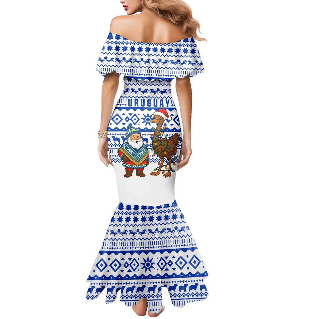 Uruguay Christmas Mermaid Dress with Santa Claus Rhea Bird Holiday Lights and Blue Geometric Pattern - Wonder Print Shop
