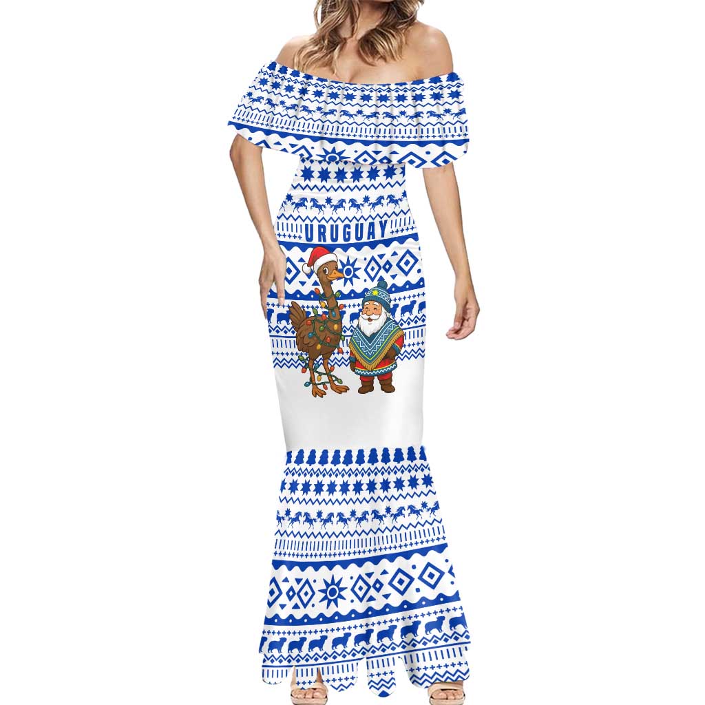 Uruguay Christmas Mermaid Dress with Santa Claus Rhea Bird Holiday Lights and Blue Geometric Pattern - Wonder Print Shop