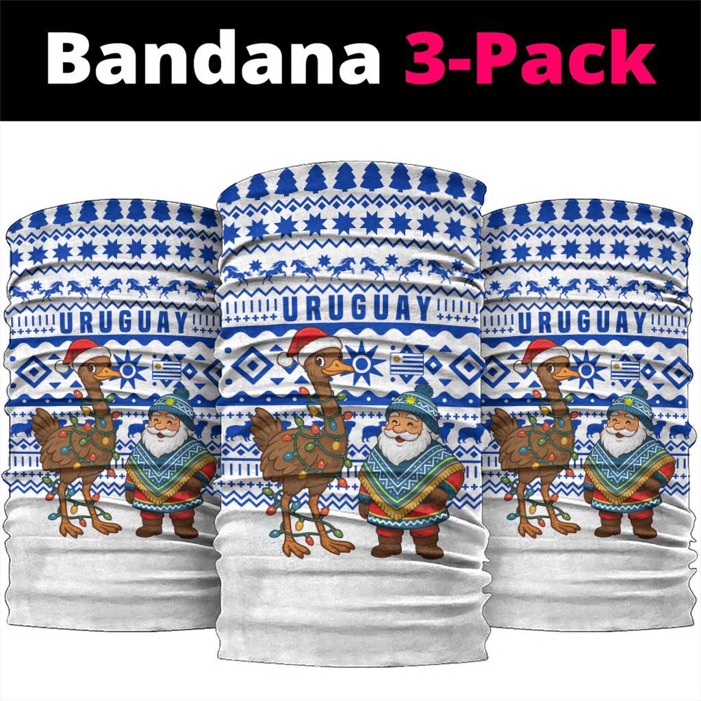 Uruguay Christmas Neck Gaiter with Santa Claus Rhea Bird Holiday Lights and Blue Geometric Pattern - Wonder Print Shop