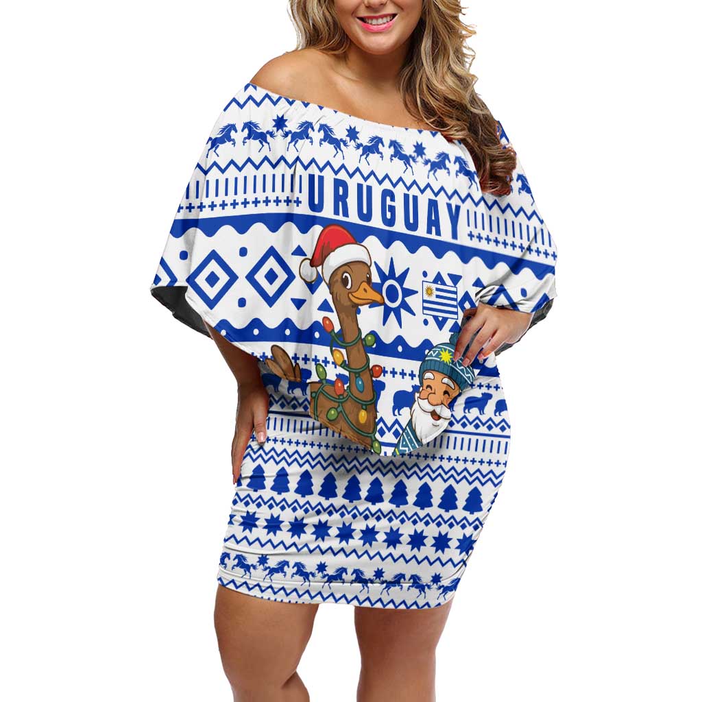 Uruguay Christmas Off Shoulder Short Dress with Santa Claus Rhea Bird Holiday Lights and Blue Geometric Pattern - Wonder Print Shop
