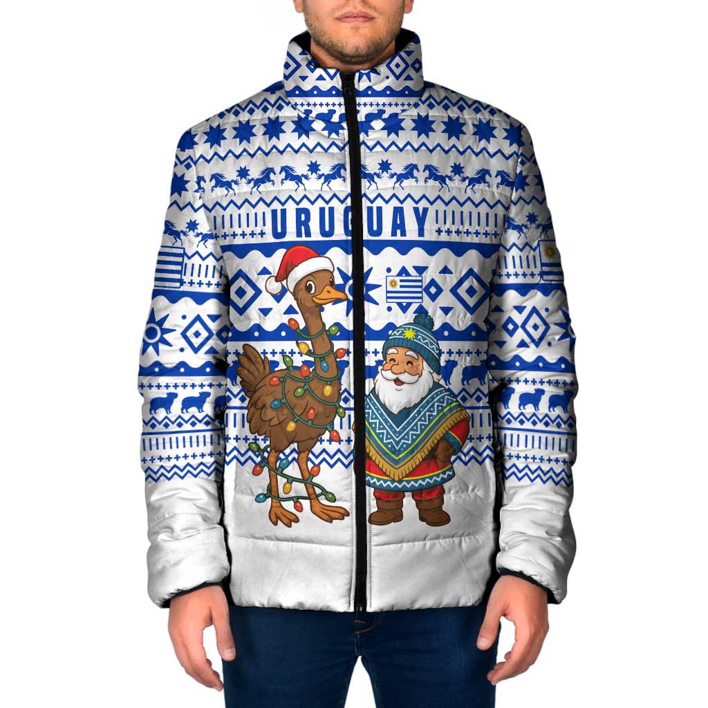 Uruguay Christmas Padded Jacket with Santa Claus Rhea Bird Holiday Lights and Blue Geometric Pattern - Wonder Print Shop