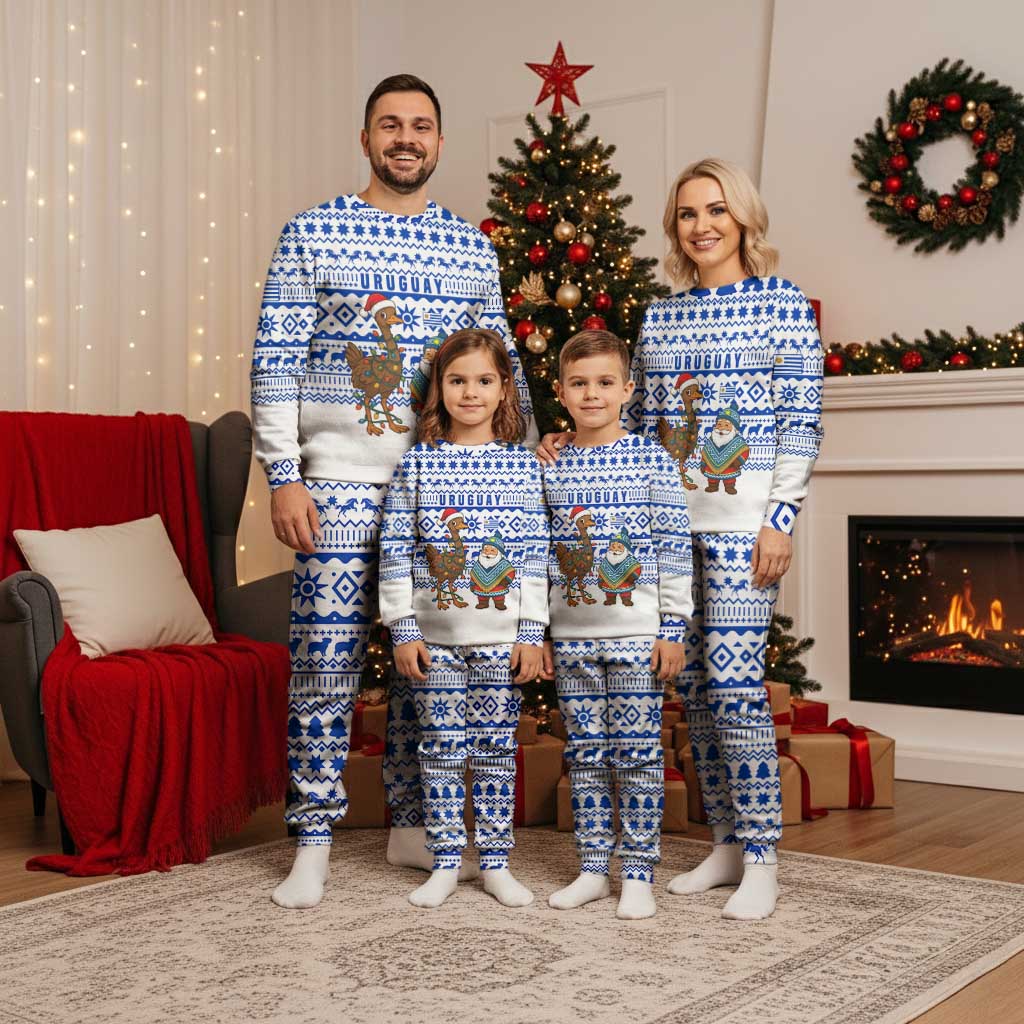 Uruguay Christmas Pajama Set with Santa Claus Rhea Bird Holiday Lights and Blue Geometric Pattern - Wonder Print Shop