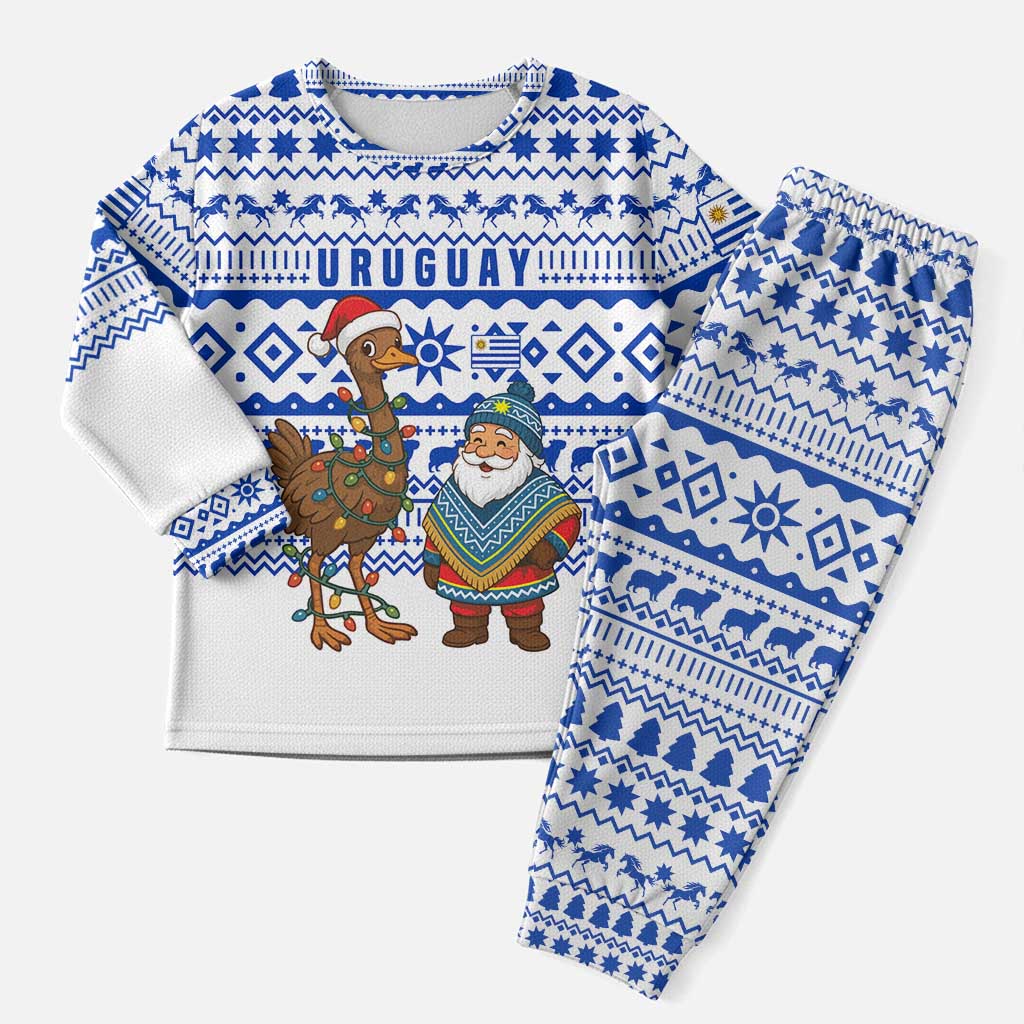 Uruguay Christmas Pajama Set with Santa Claus Rhea Bird Holiday Lights and Blue Geometric Pattern - Wonder Print Shop