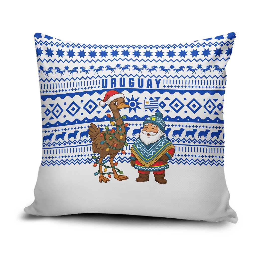 Uruguay Christmas Pillow Cover with Santa Claus Rhea Bird Holiday Lights and Blue Geometric Pattern - Wonder Print Shop