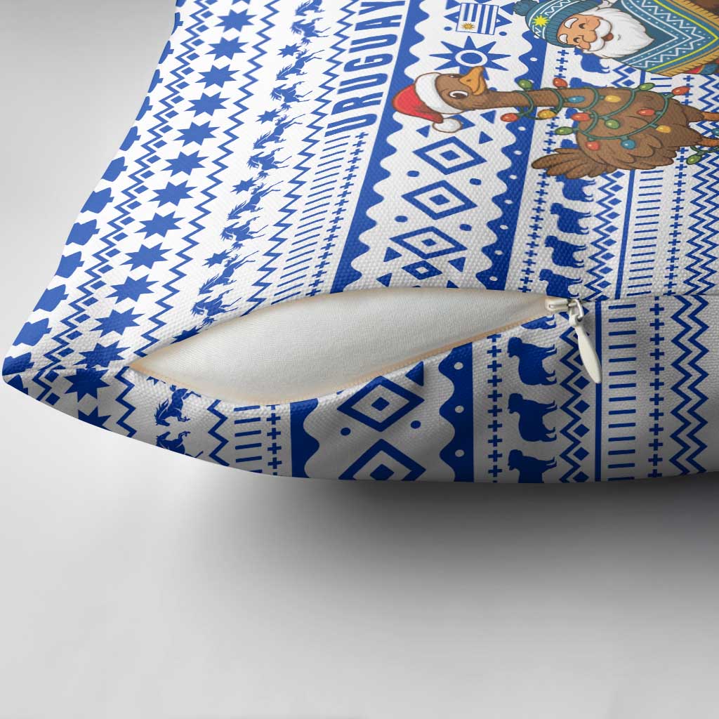 Uruguay Christmas Pillow Cover with Santa Claus Rhea Bird Holiday Lights and Blue Geometric Pattern - Wonder Print Shop