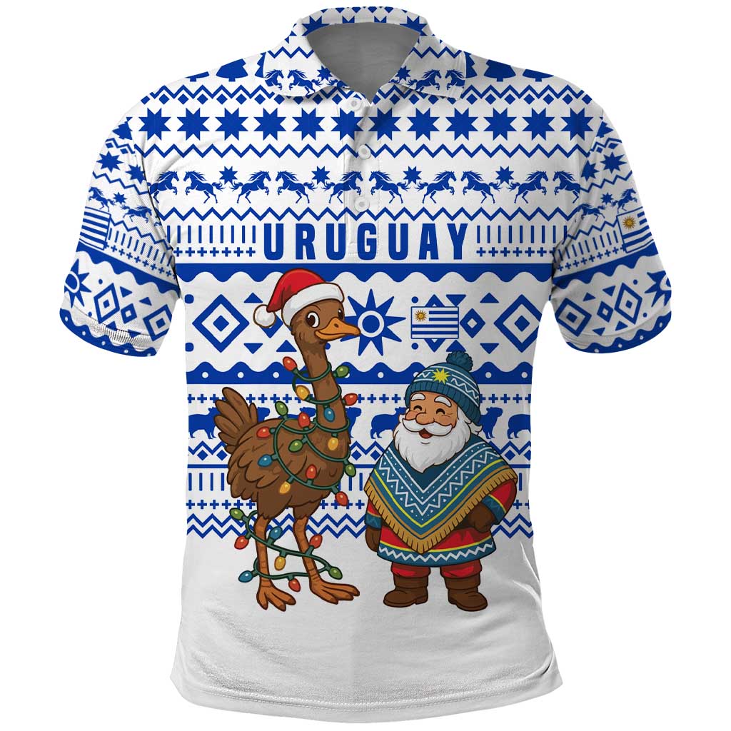 Uruguay Christmas Polo Shirt with Santa Claus Rhea Bird Holiday Lights and Blue Geometric Pattern - Wonder Print Shop