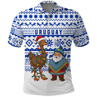 Uruguay Christmas Polo Shirt with Santa Claus Rhea Bird Holiday Lights and Blue Geometric Pattern - Wonder Print Shop