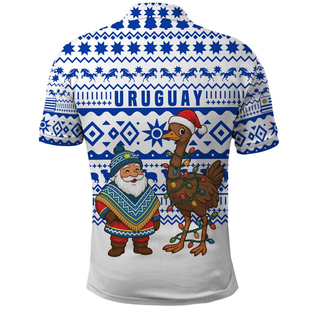 Uruguay Christmas Polo Shirt with Santa Claus Rhea Bird Holiday Lights and Blue Geometric Pattern - Wonder Print Shop
