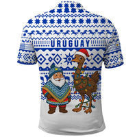 Uruguay Christmas Polo Shirt with Santa Claus Rhea Bird Holiday Lights and Blue Geometric Pattern - Wonder Print Shop