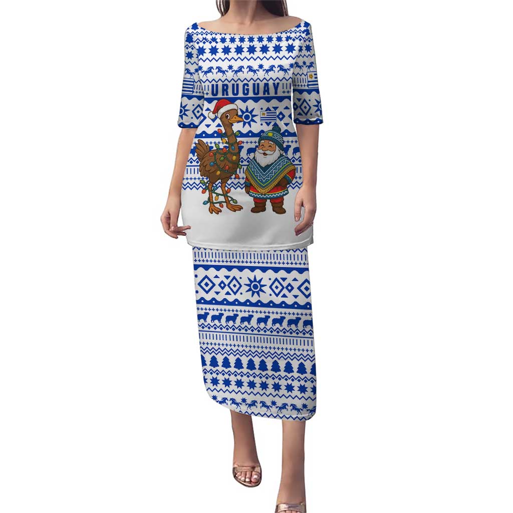 Uruguay Christmas Puletasi with Santa Claus Rhea Bird Holiday Lights and Blue Geometric Pattern - Wonder Print Shop