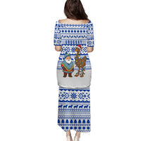 Uruguay Christmas Puletasi with Santa Claus Rhea Bird Holiday Lights and Blue Geometric Pattern - Wonder Print Shop