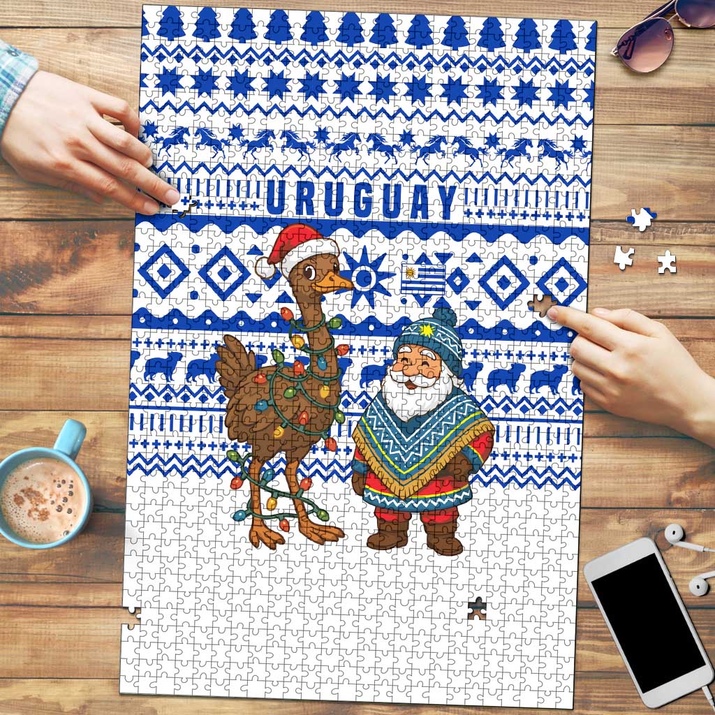 Uruguay Christmas Puzzle with Santa Claus Rhea Bird Holiday Lights and Blue Geometric Pattern - Wonder Print Shop