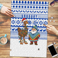 Uruguay Christmas Puzzle with Santa Claus Rhea Bird Holiday Lights and Blue Geometric Pattern - Wonder Print Shop