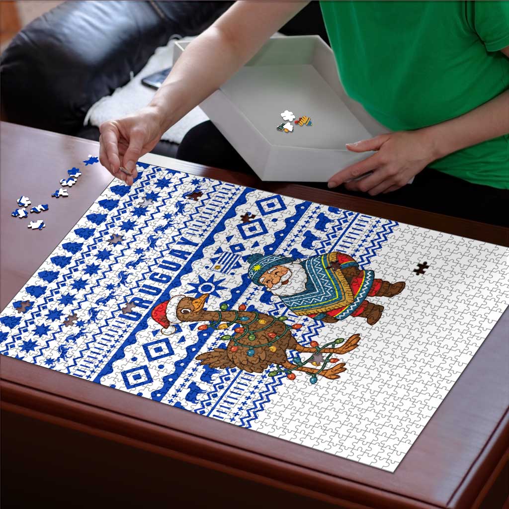 Uruguay Christmas Puzzle with Santa Claus Rhea Bird Holiday Lights and Blue Geometric Pattern - Wonder Print Shop