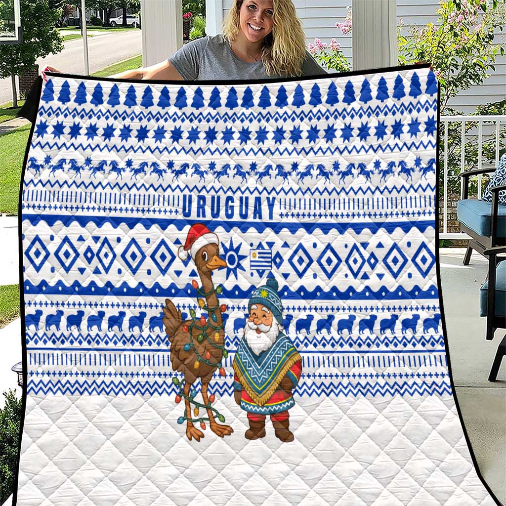 Uruguay Christmas Quilt with Santa Claus Rhea Bird Holiday Lights and Blue Geometric Pattern - Wonder Print Shop