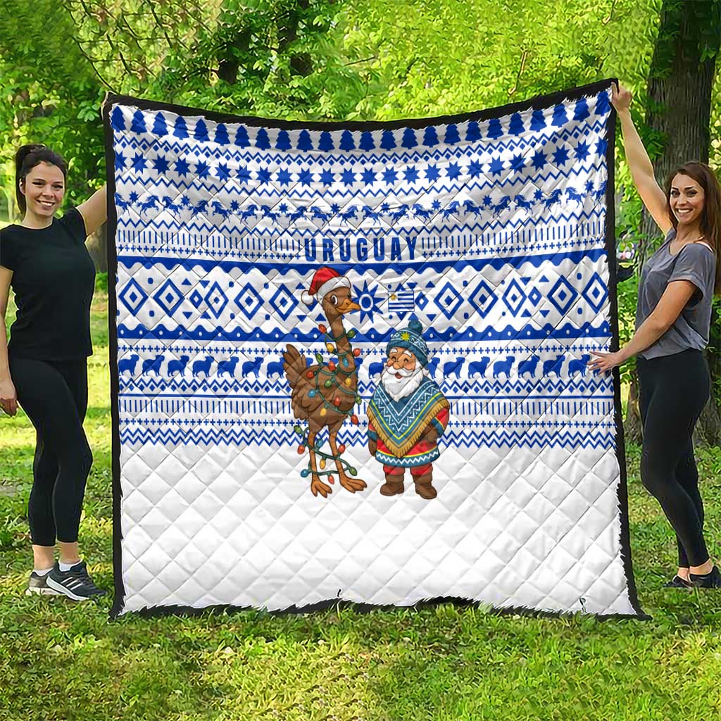 Uruguay Christmas Quilt with Santa Claus Rhea Bird Holiday Lights and Blue Geometric Pattern - Wonder Print Shop
