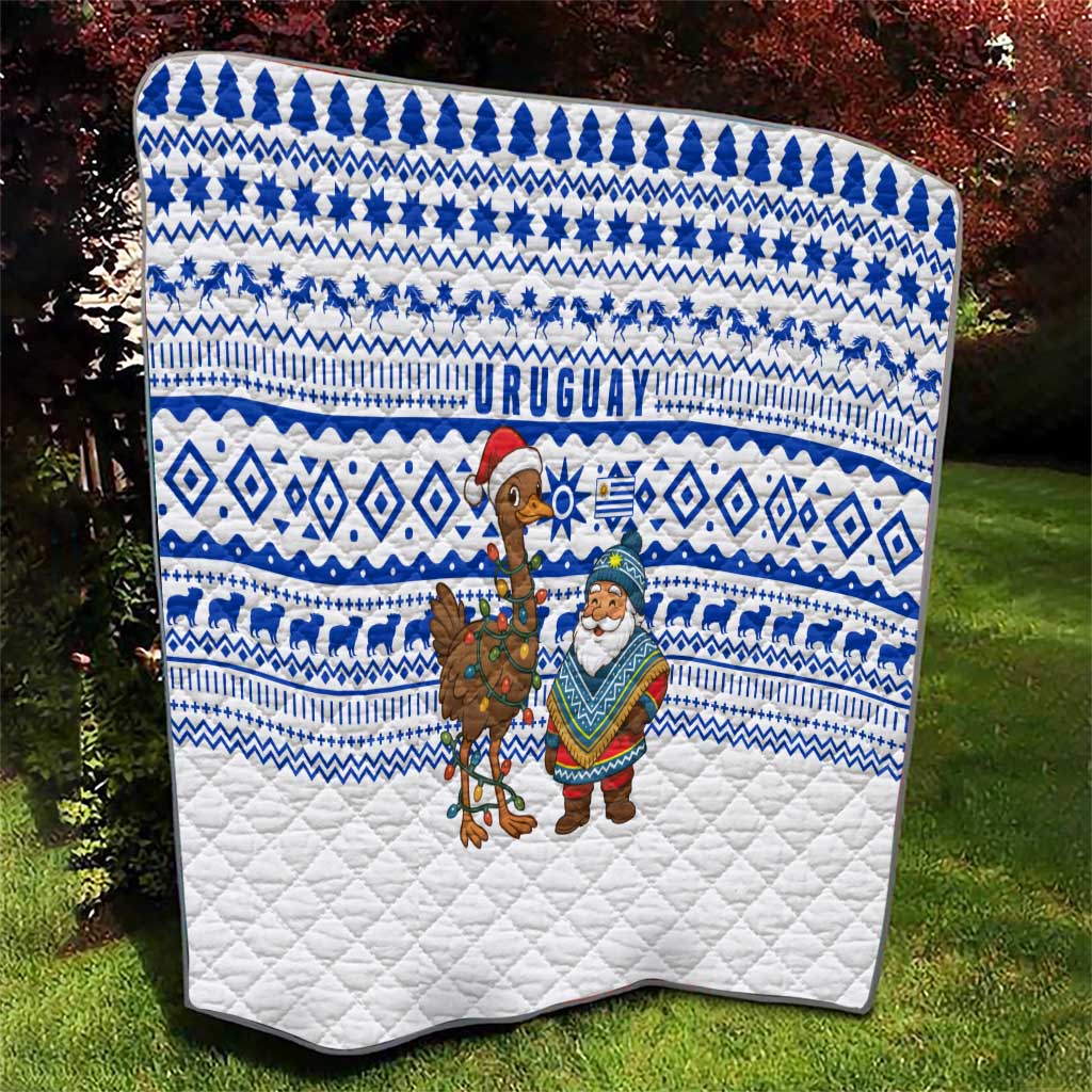 Uruguay Christmas Quilt with Santa Claus Rhea Bird Holiday Lights and Blue Geometric Pattern - Wonder Print Shop