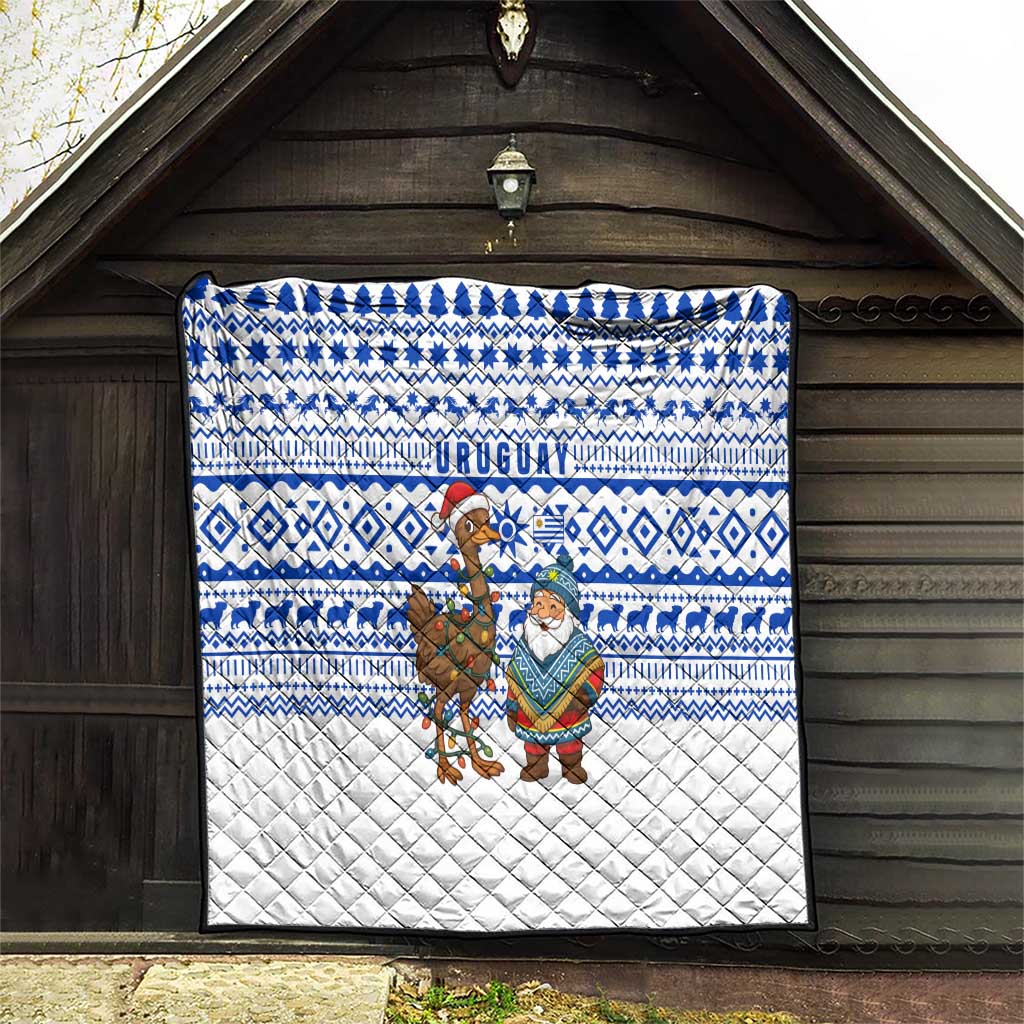 Uruguay Christmas Quilt with Santa Claus Rhea Bird Holiday Lights and Blue Geometric Pattern - Wonder Print Shop