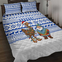Uruguay Christmas Quilt Bed Set with Santa Claus Rhea Bird Holiday Lights and Blue Geometric Pattern - Wonder Print Shop