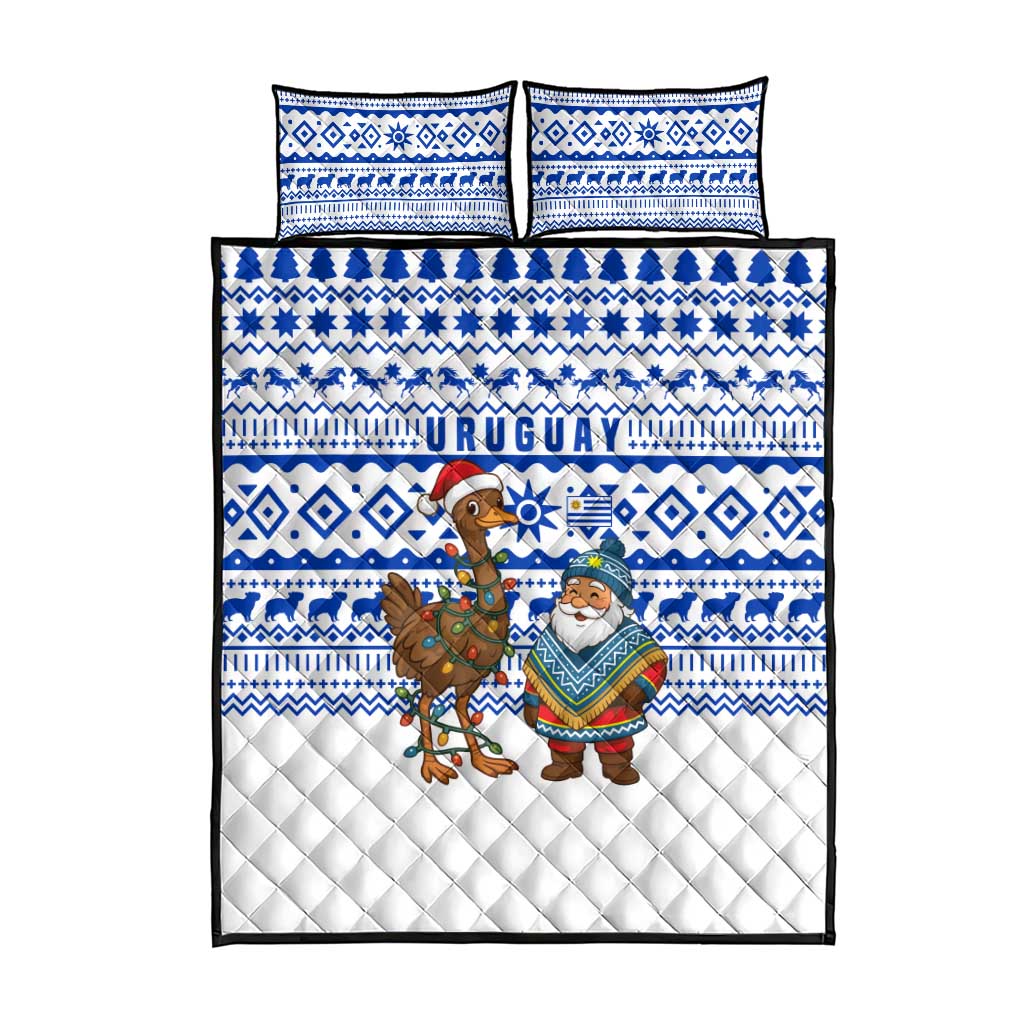 Uruguay Christmas Quilt Bed Set with Santa Claus Rhea Bird Holiday Lights and Blue Geometric Pattern - Wonder Print Shop