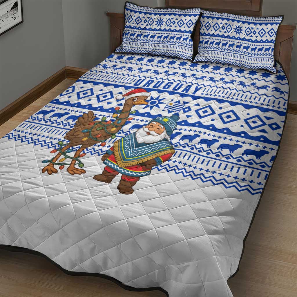 Uruguay Christmas Quilt Bed Set with Santa Claus Rhea Bird Holiday Lights and Blue Geometric Pattern - Wonder Print Shop