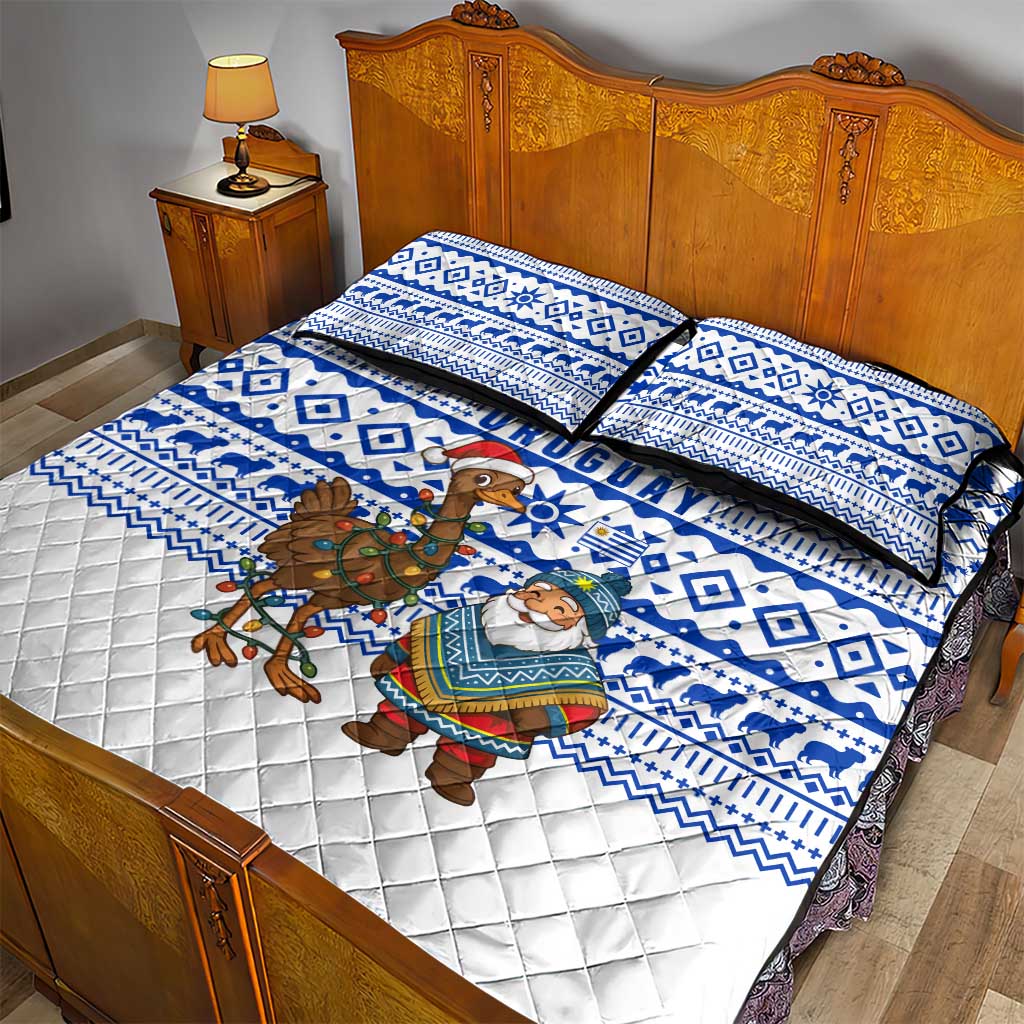 Uruguay Christmas Quilt Bed Set with Santa Claus Rhea Bird Holiday Lights and Blue Geometric Pattern - Wonder Print Shop
