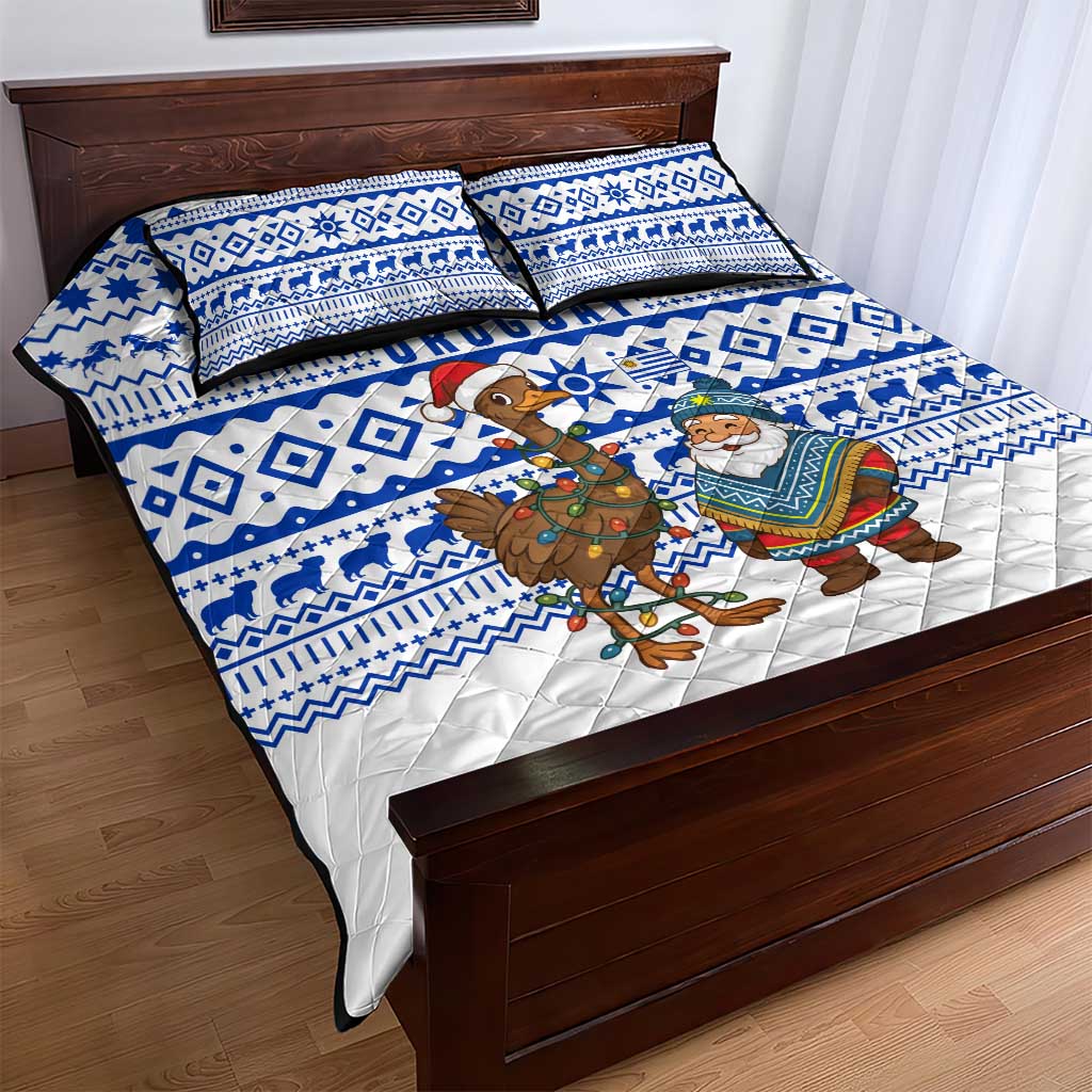 Uruguay Christmas Quilt Bed Set with Santa Claus Rhea Bird Holiday Lights and Blue Geometric Pattern - Wonder Print Shop