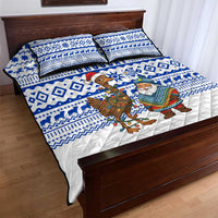 Uruguay Christmas Quilt Bed Set with Santa Claus Rhea Bird Holiday Lights and Blue Geometric Pattern - Wonder Print Shop