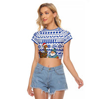 Uruguay Christmas Raglan Cropped T Shirt with Santa Claus Rhea Bird Holiday Lights and Blue Geometric Pattern - Wonder Print Shop