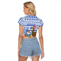 Uruguay Christmas Raglan Cropped T Shirt with Santa Claus Rhea Bird Holiday Lights and Blue Geometric Pattern - Wonder Print Shop