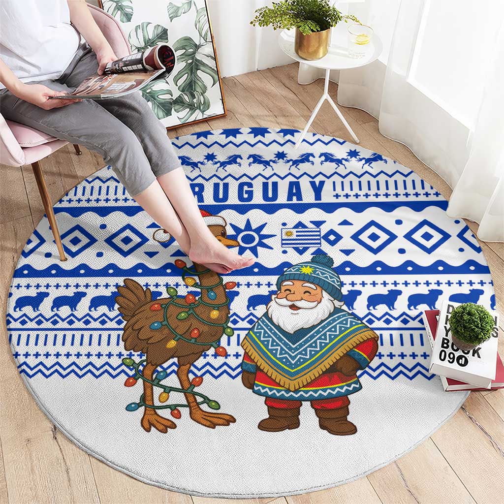 Uruguay Christmas Round Carpet with Santa Claus Rhea Bird Holiday Lights and Blue Geometric Pattern - Wonder Print Shop