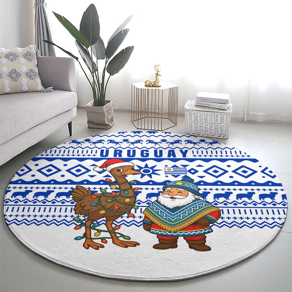 Uruguay Christmas Round Carpet with Santa Claus Rhea Bird Holiday Lights and Blue Geometric Pattern - Wonder Print Shop