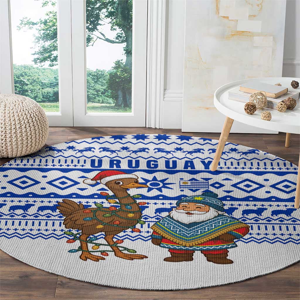 Uruguay Christmas Round Carpet with Santa Claus Rhea Bird Holiday Lights and Blue Geometric Pattern - Wonder Print Shop