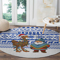 Uruguay Christmas Round Carpet with Santa Claus Rhea Bird Holiday Lights and Blue Geometric Pattern - Wonder Print Shop