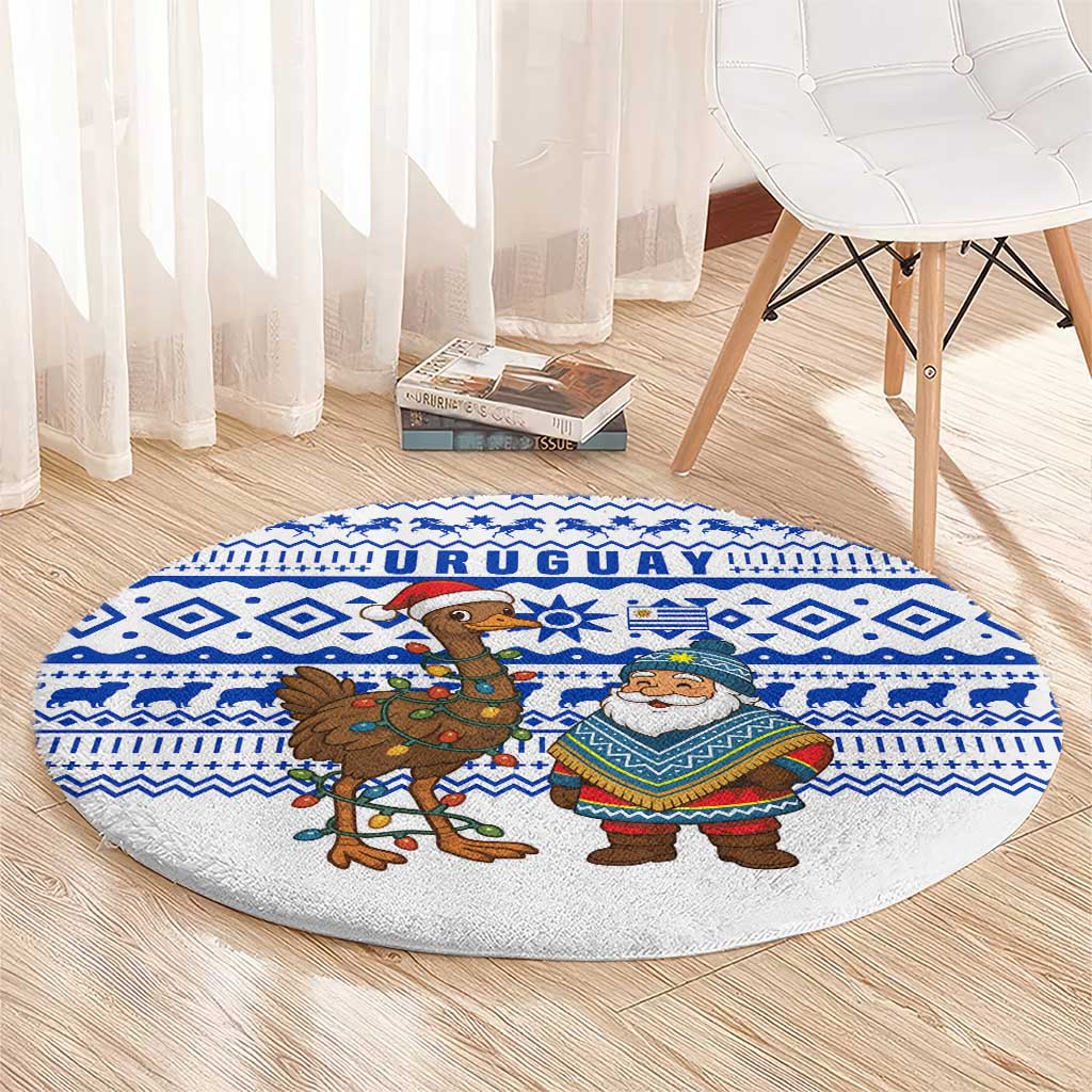 Uruguay Christmas Round Carpet with Santa Claus Rhea Bird Holiday Lights and Blue Geometric Pattern - Wonder Print Shop