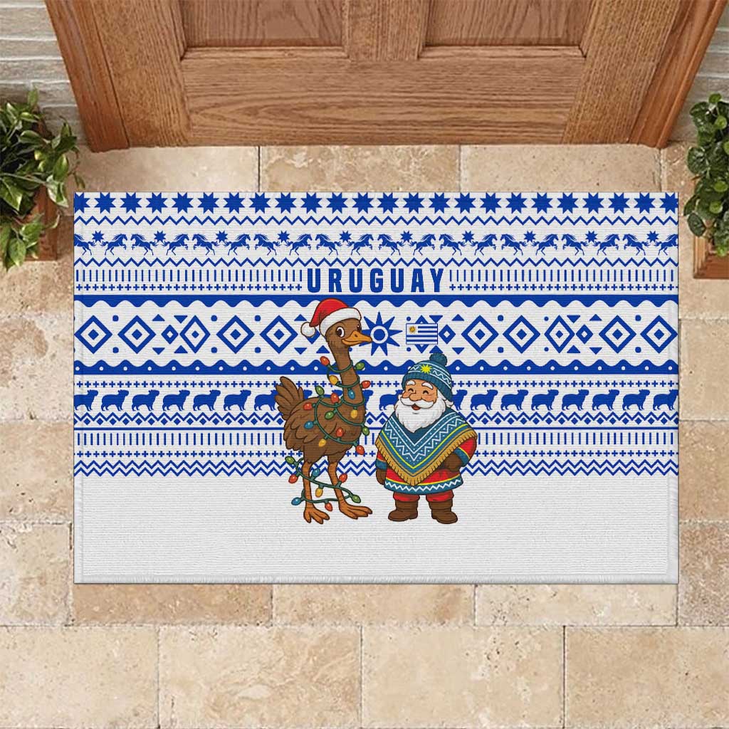 Uruguay Christmas Rubber Doormat with Santa Claus Rhea Bird Holiday Lights and Blue Geometric Pattern - Wonder Print Shop