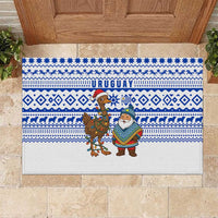 Uruguay Christmas Rubber Doormat with Santa Claus Rhea Bird Holiday Lights and Blue Geometric Pattern - Wonder Print Shop