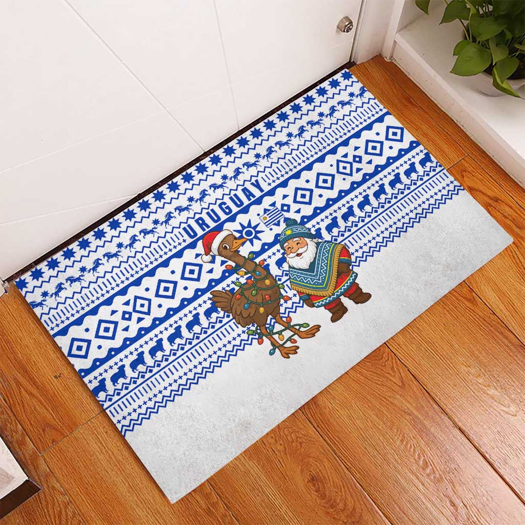 Uruguay Christmas Rubber Doormat with Santa Claus Rhea Bird Holiday Lights and Blue Geometric Pattern - Wonder Print Shop