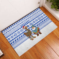 Uruguay Christmas Rubber Doormat with Santa Claus Rhea Bird Holiday Lights and Blue Geometric Pattern - Wonder Print Shop