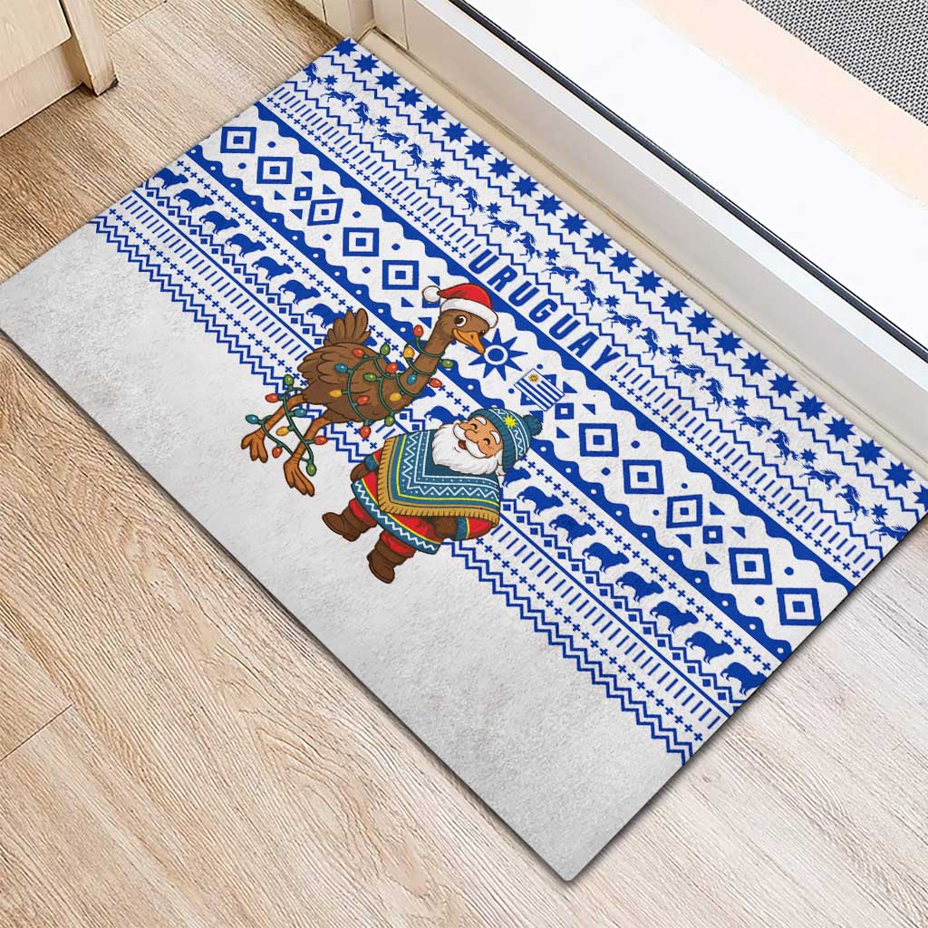 Uruguay Christmas Rubber Doormat with Santa Claus Rhea Bird Holiday Lights and Blue Geometric Pattern - Wonder Print Shop