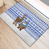 Uruguay Christmas Rubber Doormat with Santa Claus Rhea Bird Holiday Lights and Blue Geometric Pattern - Wonder Print Shop