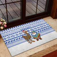 Uruguay Christmas Rubber Doormat with Santa Claus Rhea Bird Holiday Lights and Blue Geometric Pattern - Wonder Print Shop