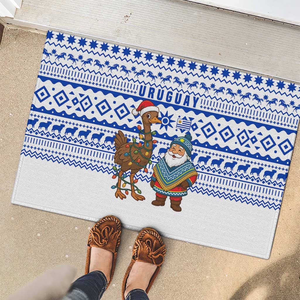 Uruguay Christmas Rubber Doormat with Santa Claus Rhea Bird Holiday Lights and Blue Geometric Pattern - Wonder Print Shop