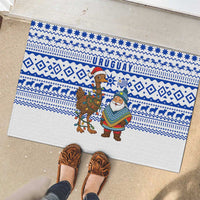 Uruguay Christmas Rubber Doormat with Santa Claus Rhea Bird Holiday Lights and Blue Geometric Pattern - Wonder Print Shop